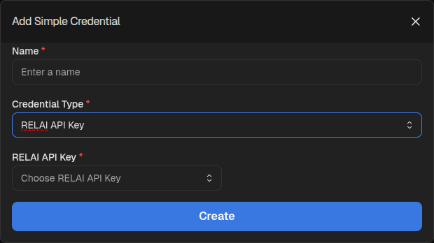 Add Simple Credential form with RELAI API Key selected