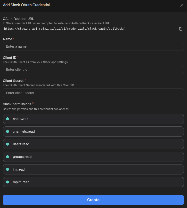 Add Slack OAuth Credential form with redirect URL, client ID, client secret, and Slack permissions selection