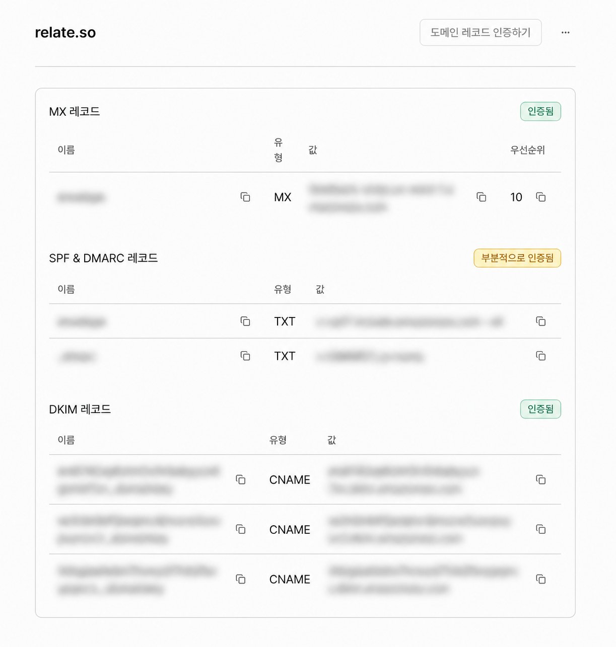 Example of the DNS records shown after adding a domain