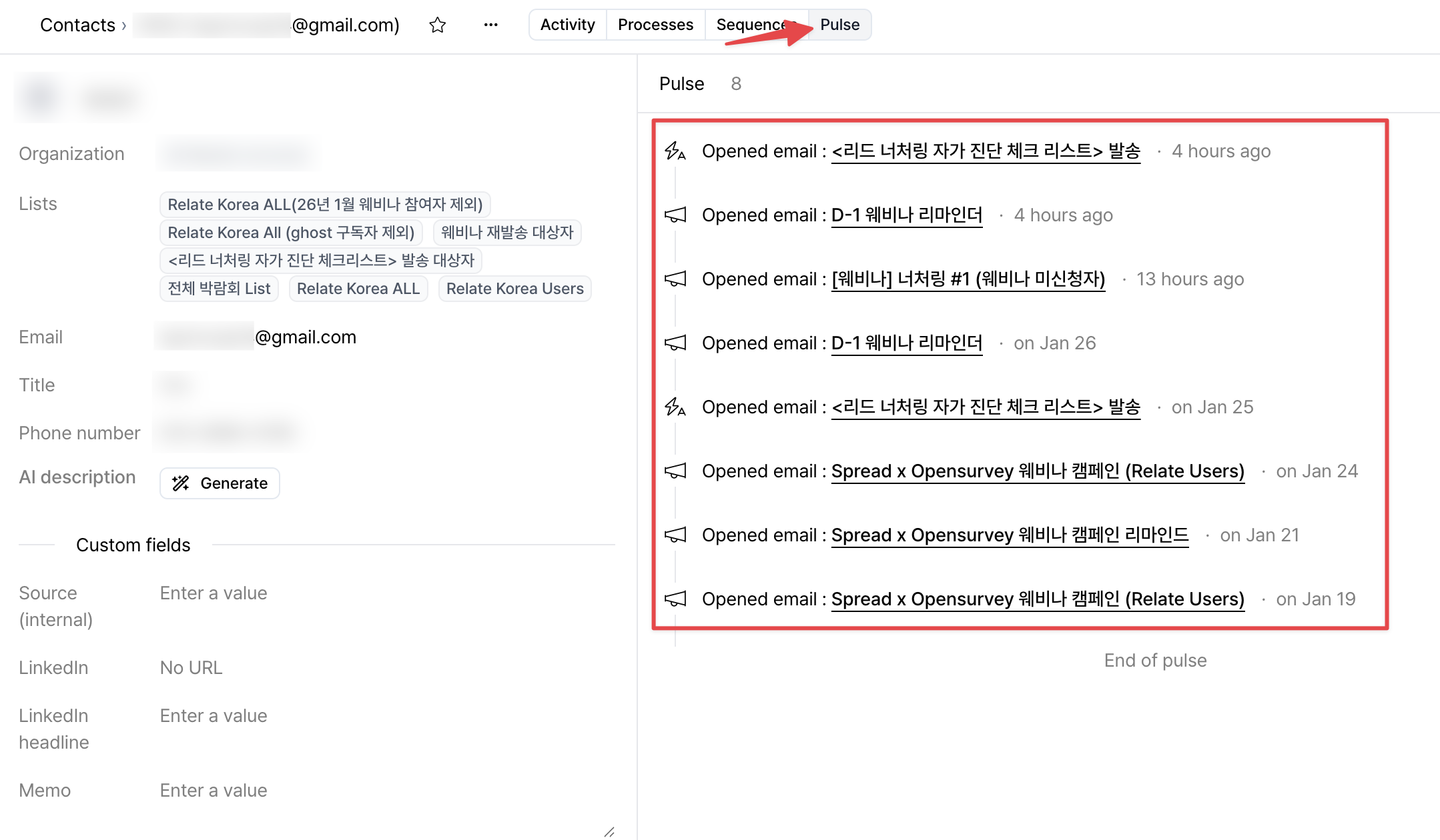 Pulse contact timeline