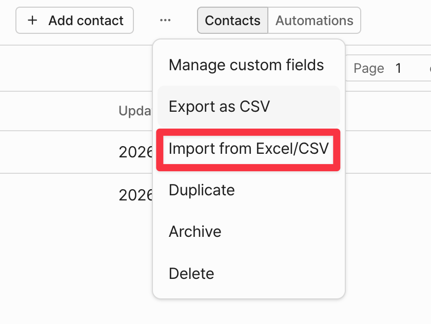 List - Import from Excel/CSV menu
