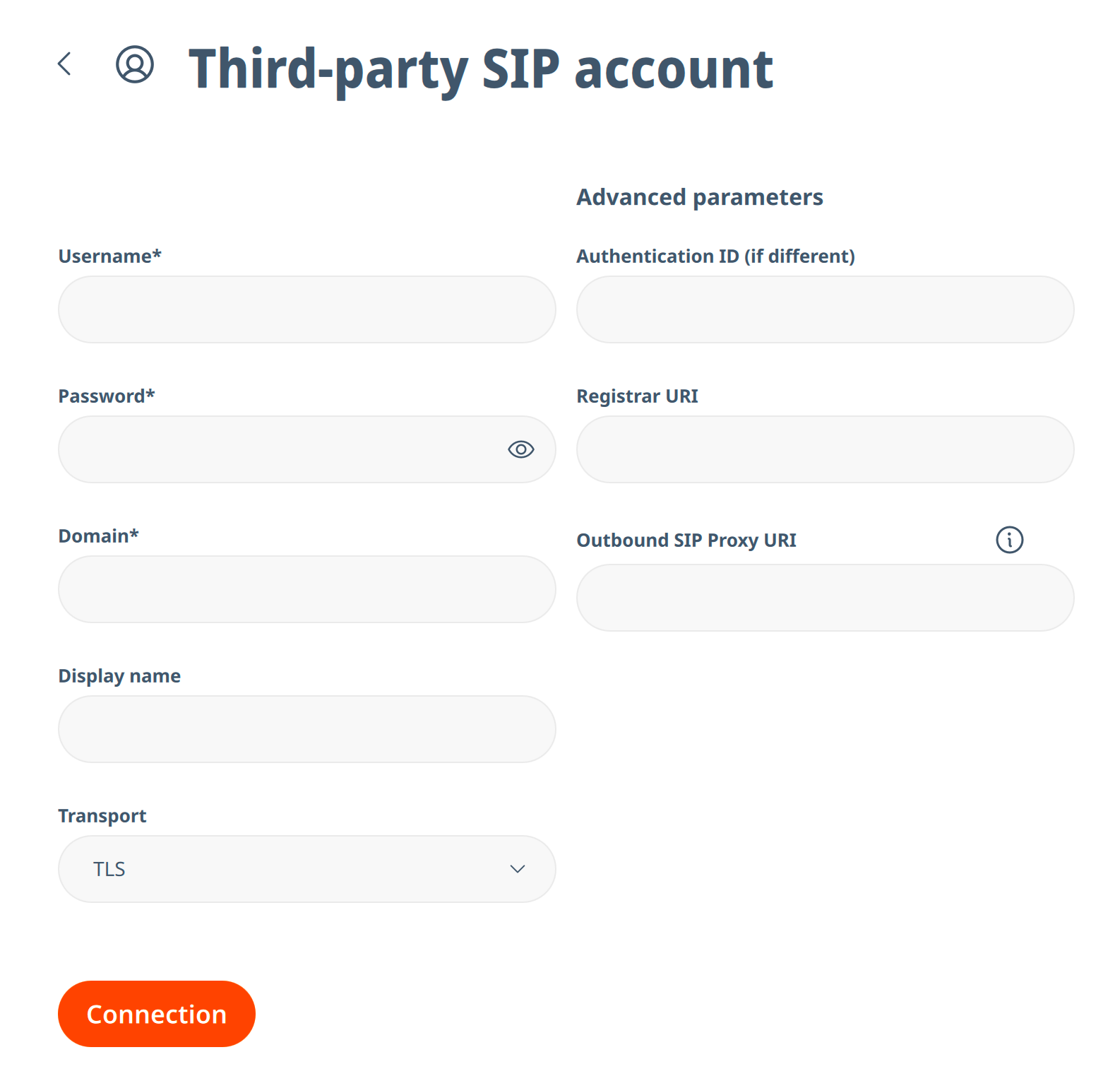 Linphone — Third-party SIP account 정보 입력란