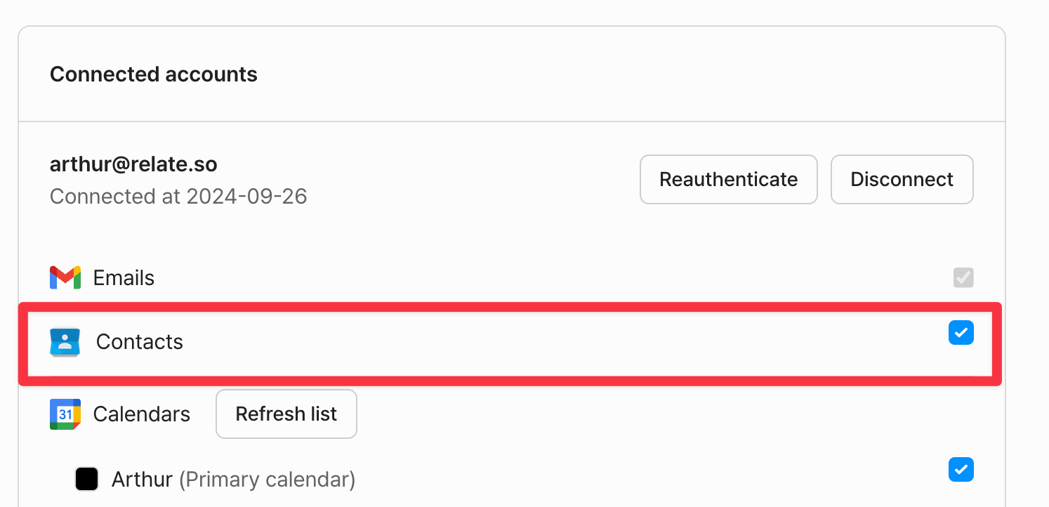 Connected accounts - check the Contacts option