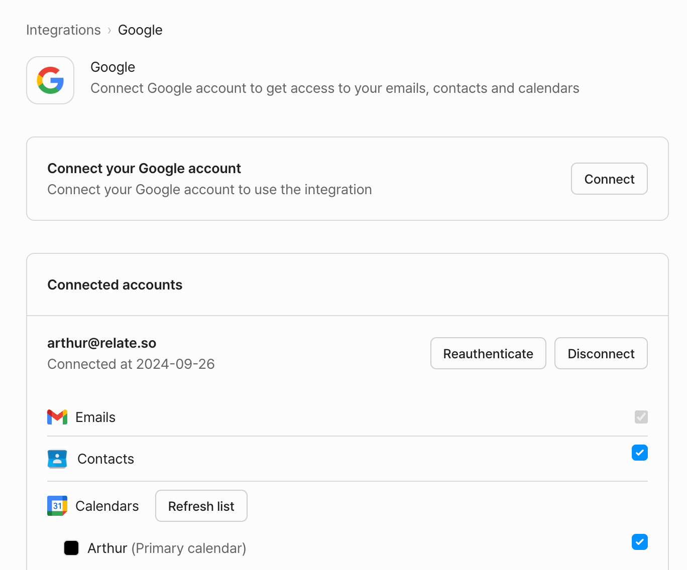 Connected Google account