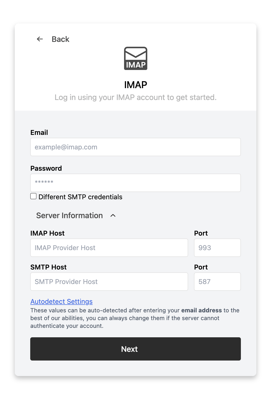Enter IMAP/SMTP information