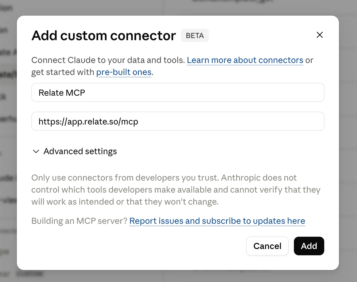 Claude Code custom connector screen