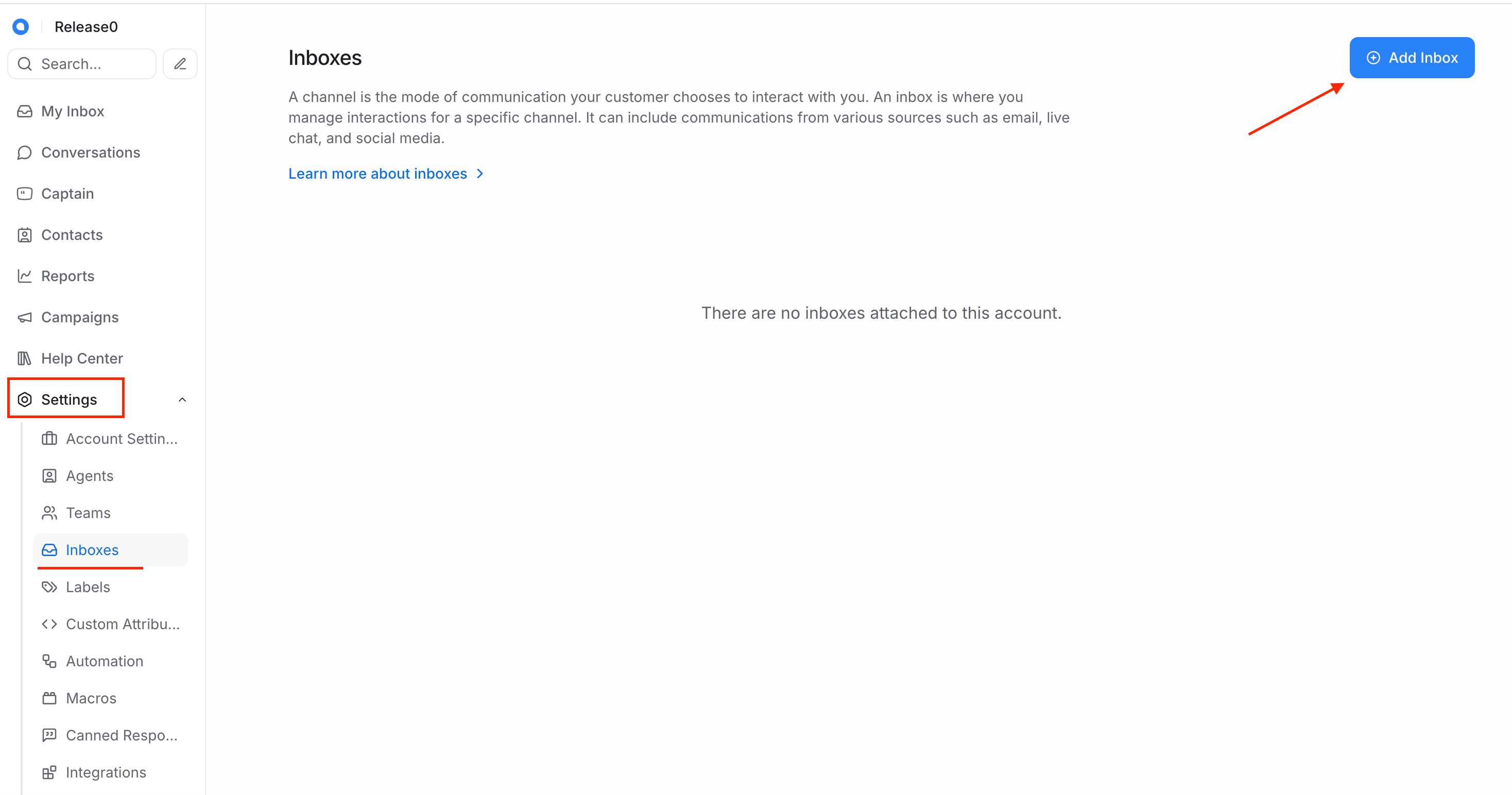 Release0.com - Chatwoot setup add inbox