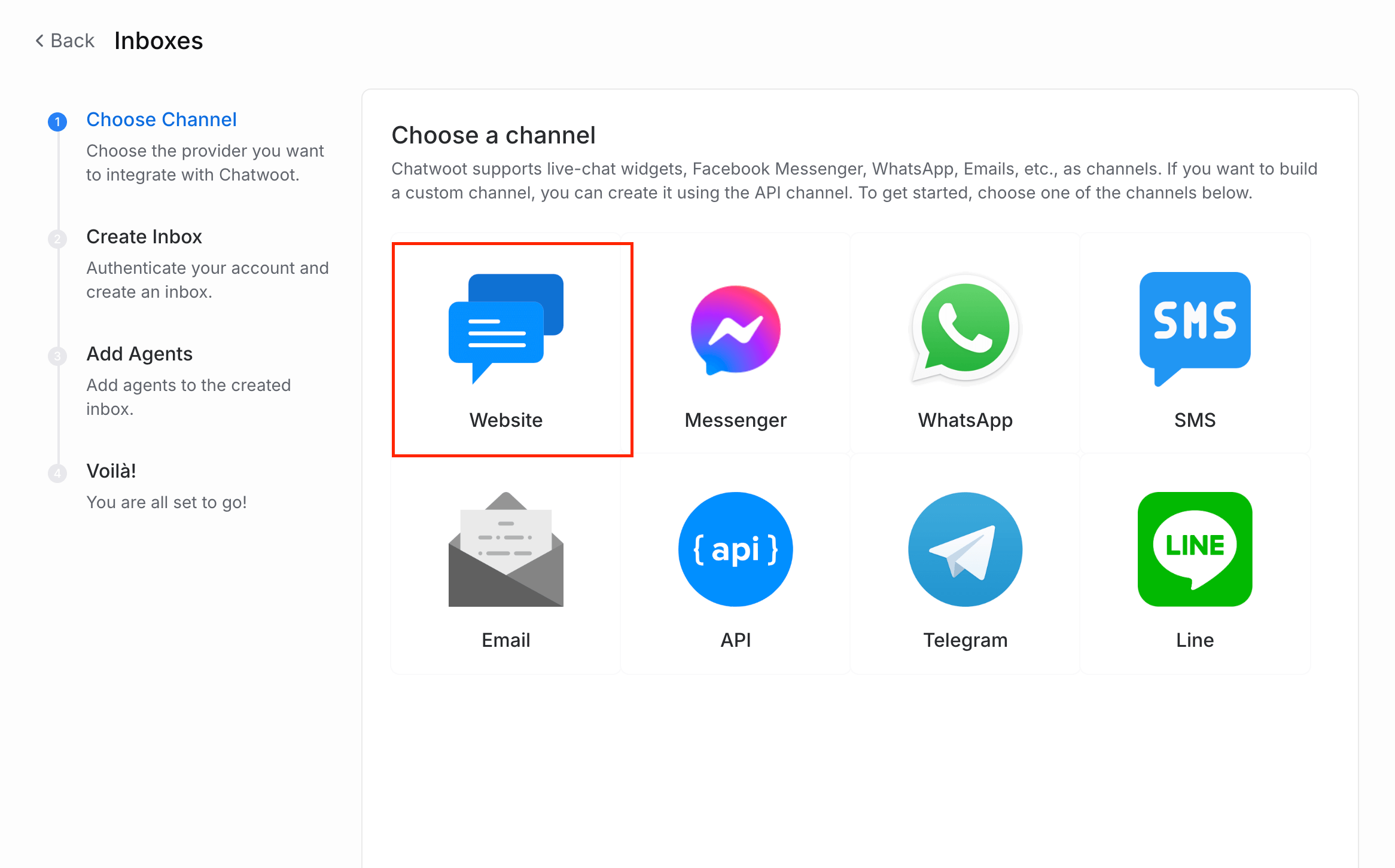 Release0.com - Chatwoot setup choose channel