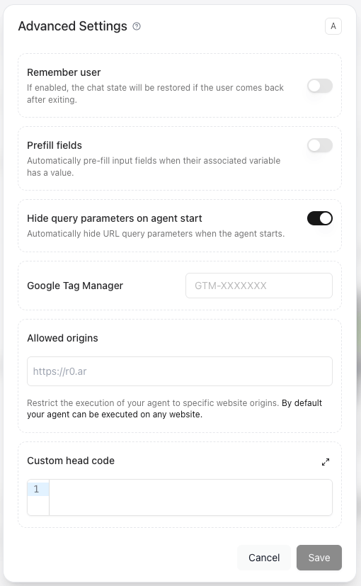 Release0.com - Agent advanced settings Dialog
