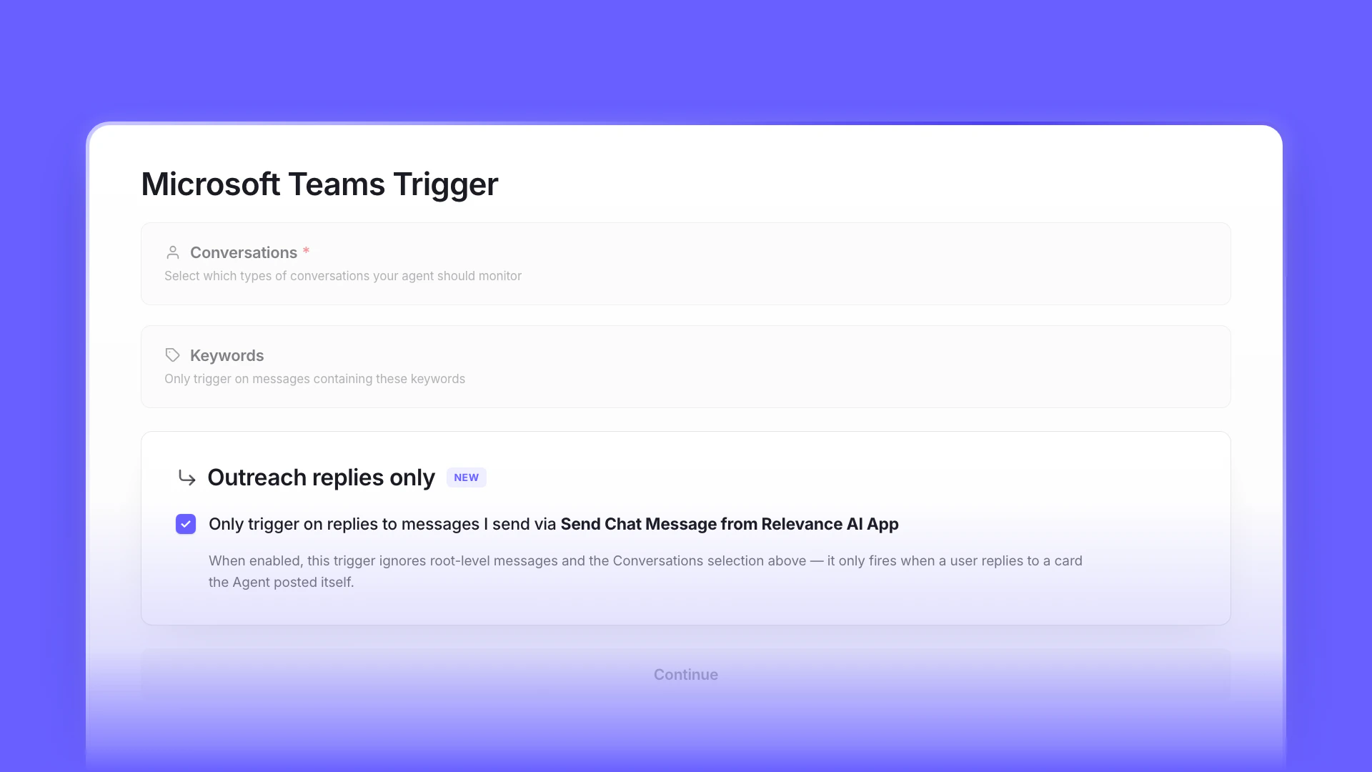 Microsoft Teams trigger settings showing the new Outreach replies only toggle enabled