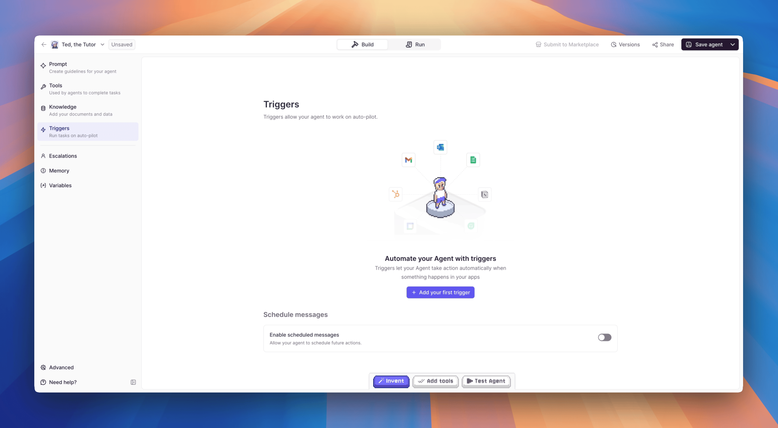Trigger configuration in the agent builder