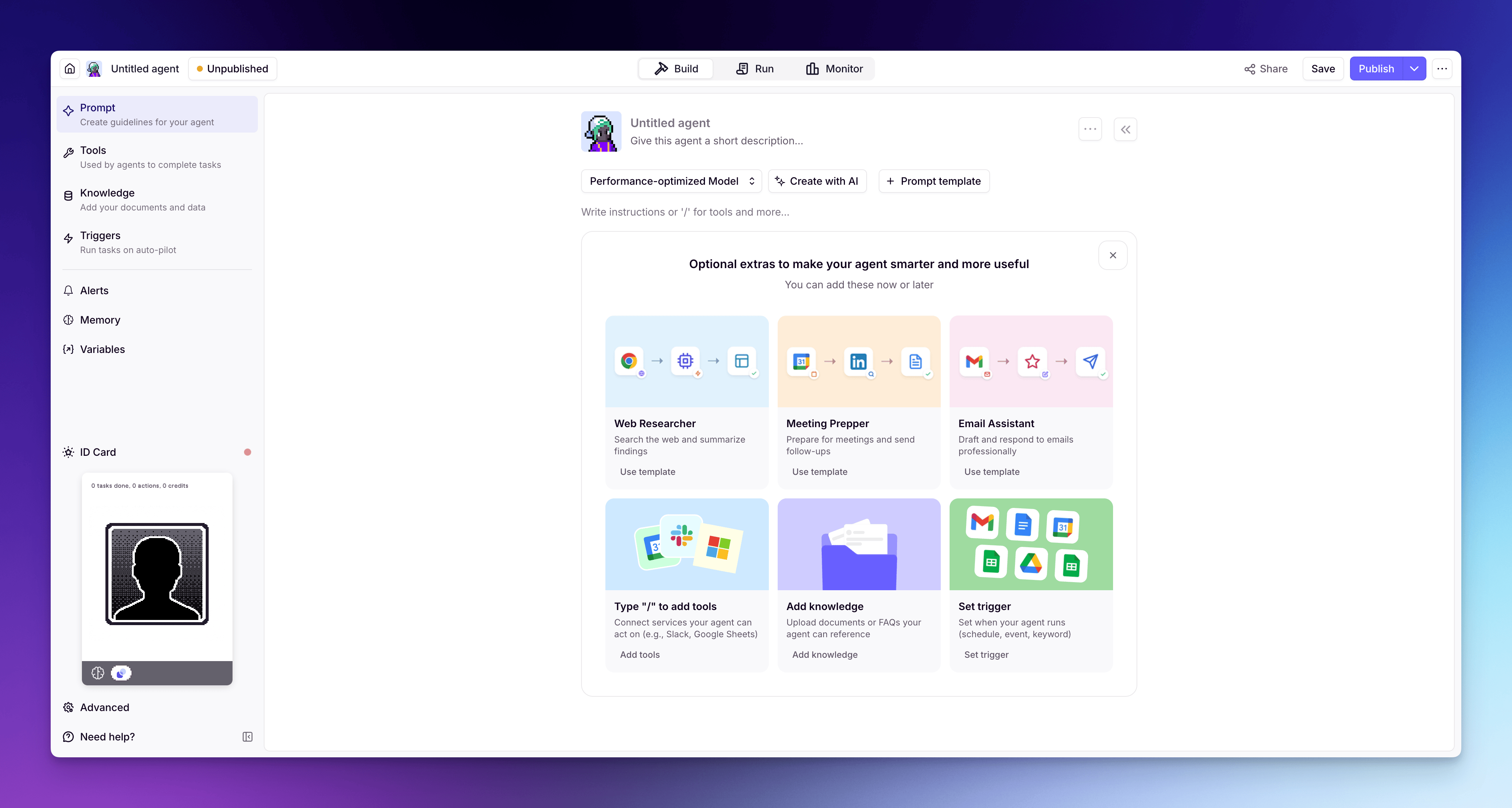 The builder platform — where you create and configure Agents, Tools, Knowledge, and Workforces.