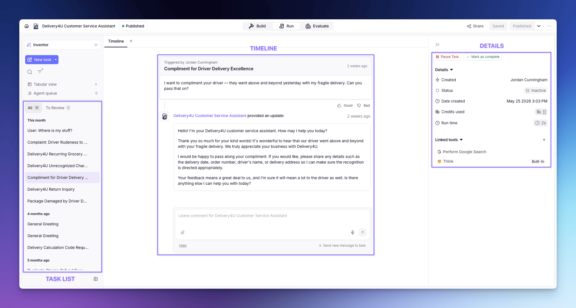 A Task open in the Run tab, with the Task list on the left, the Timeline in the center, and the details on the right