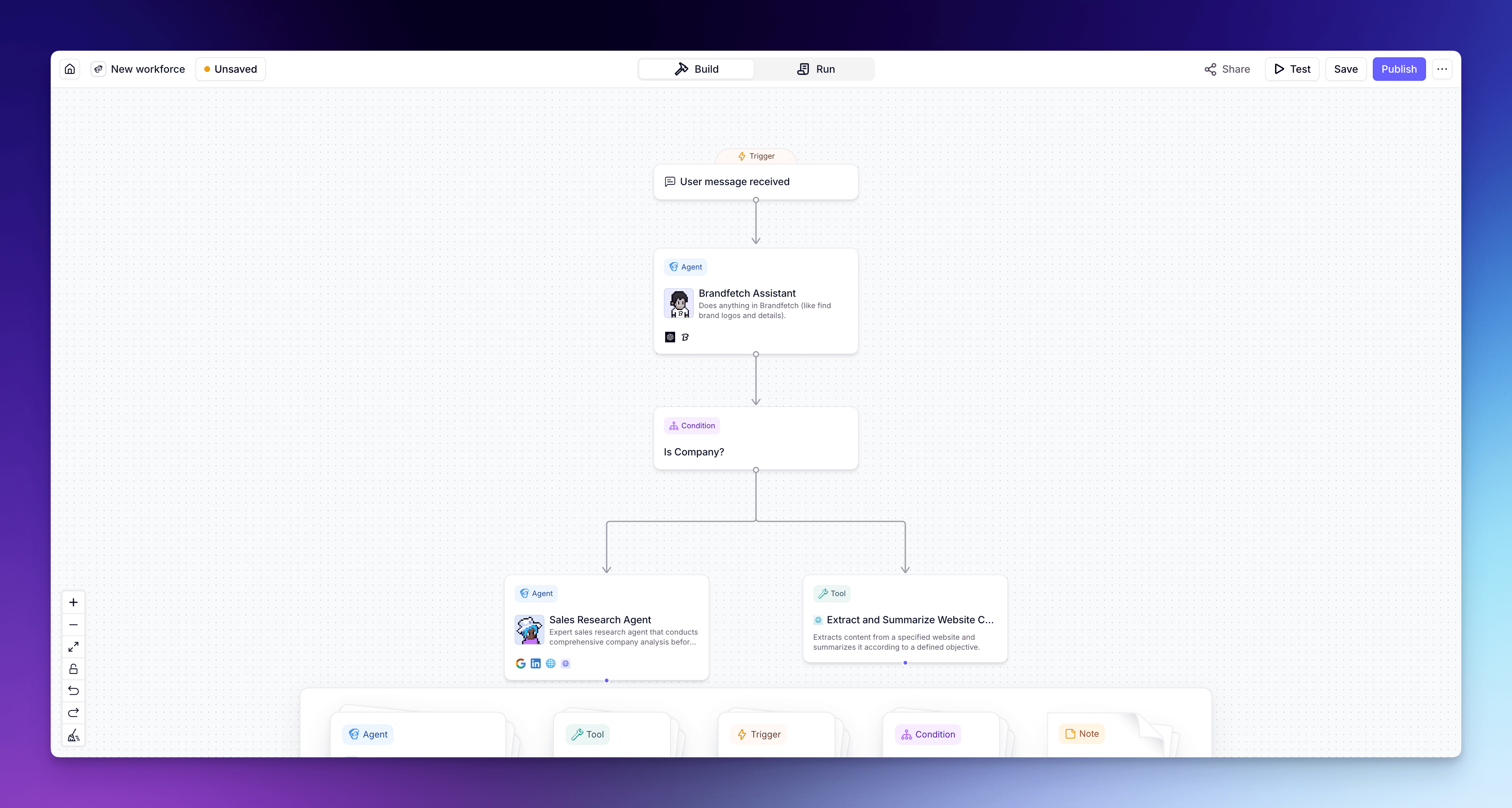 The Workforce canvas — drag Agents in, draw connections, and configure handoffs.