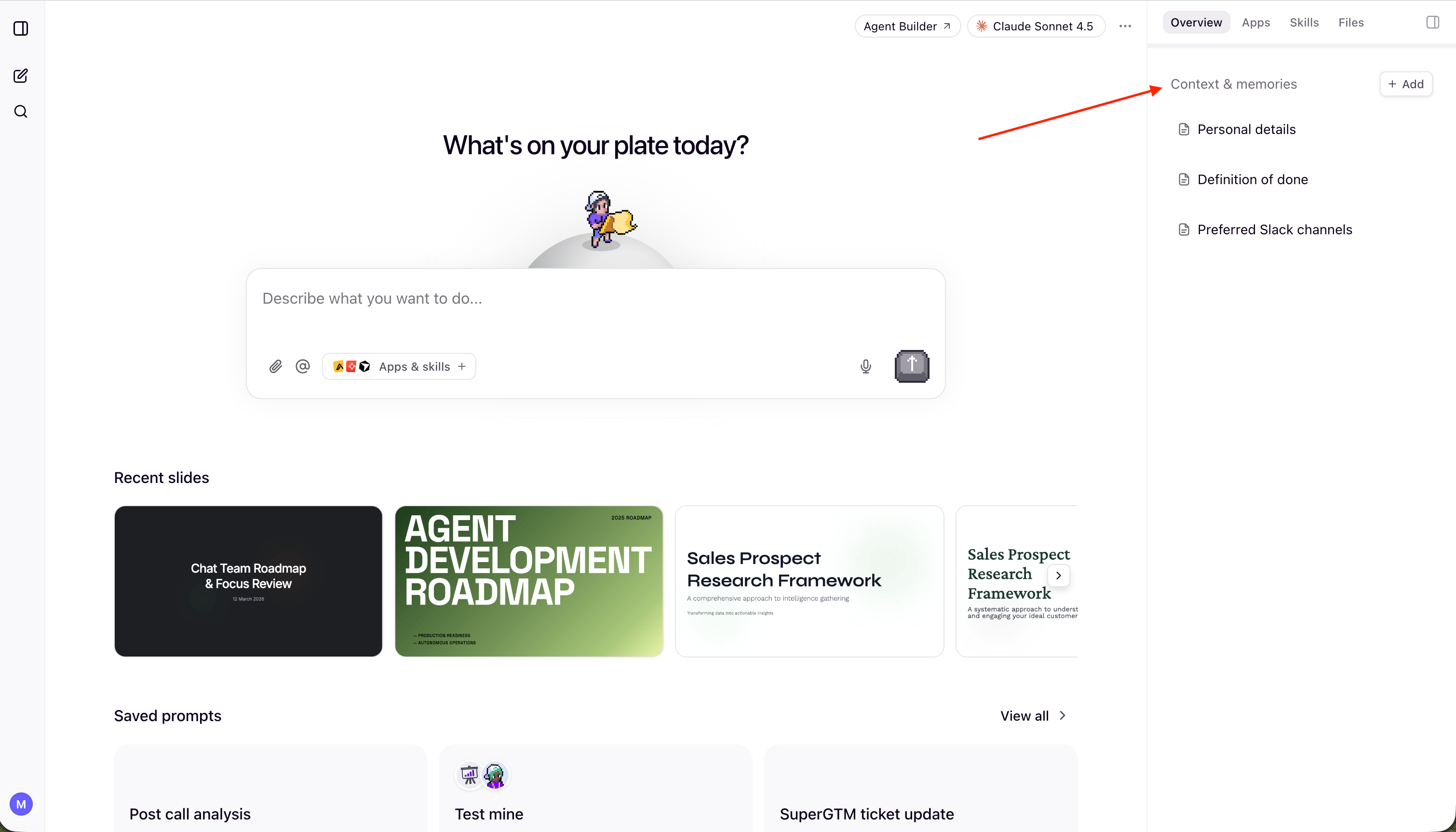 Context and Memories section in the Overview tab
