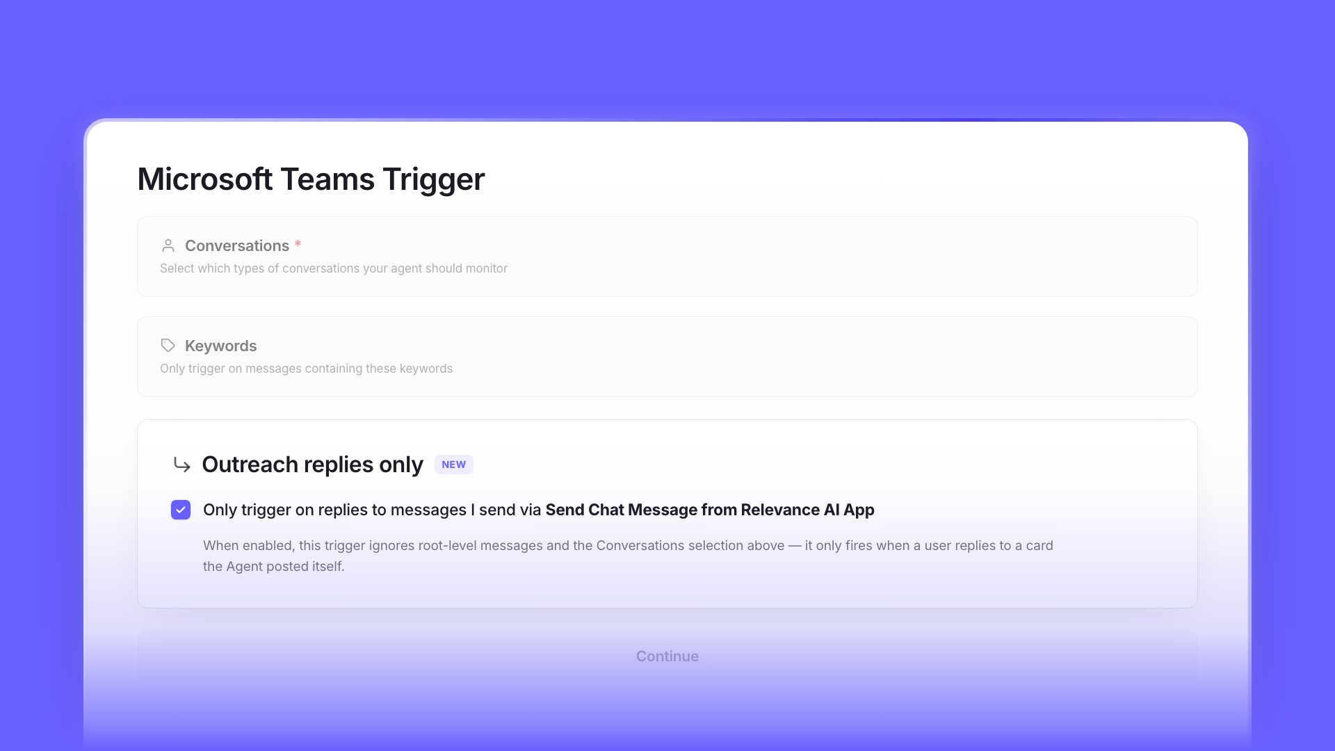 Microsoft Teams trigger settings showing the new Outreach replies only toggle enabled