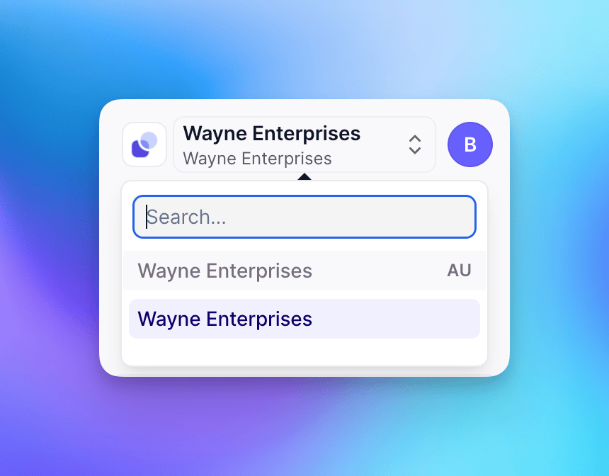 Organization switcher showing region abbreviation