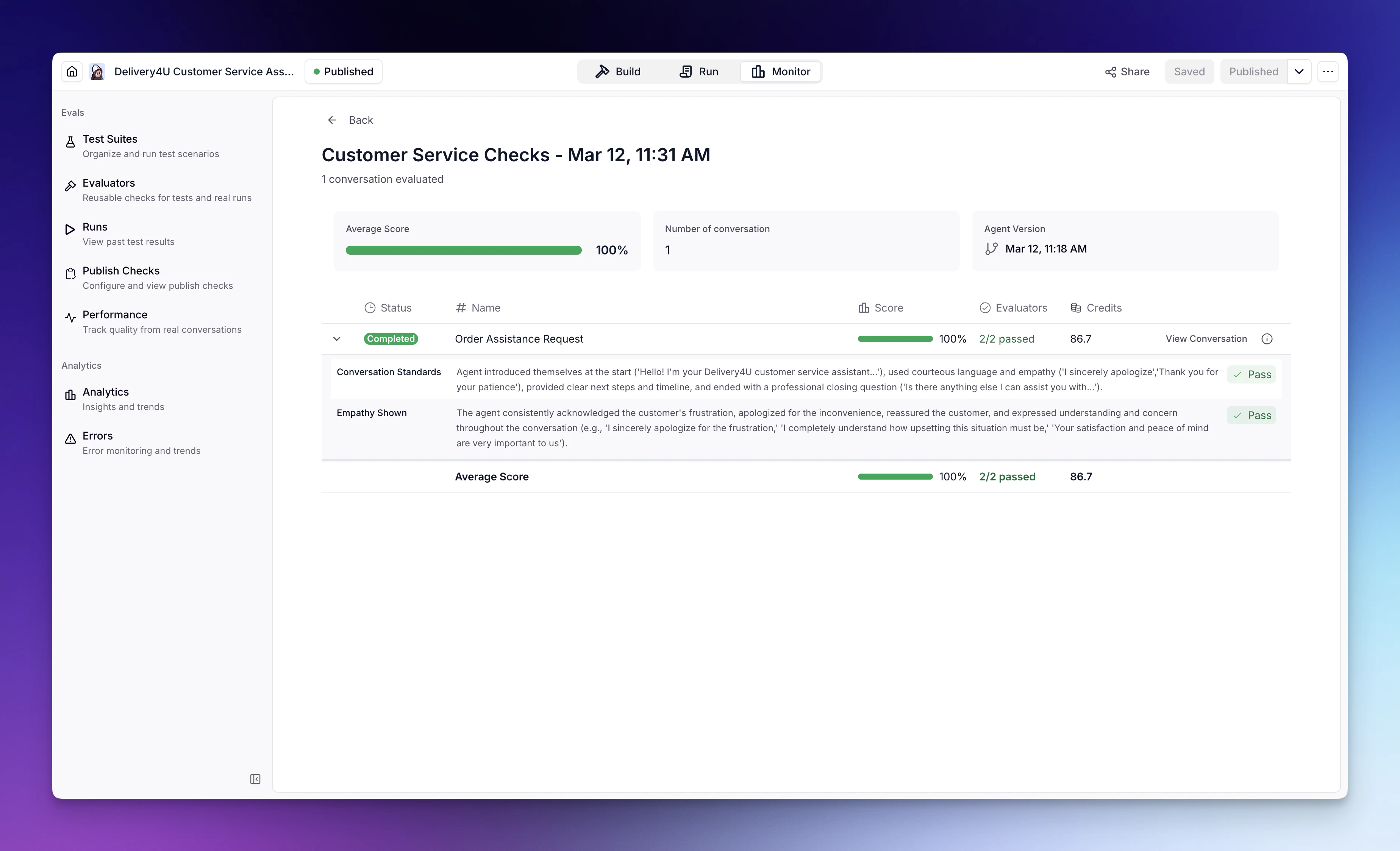 Evals section showing Test Suites, Evaluators, Runs, and Performance