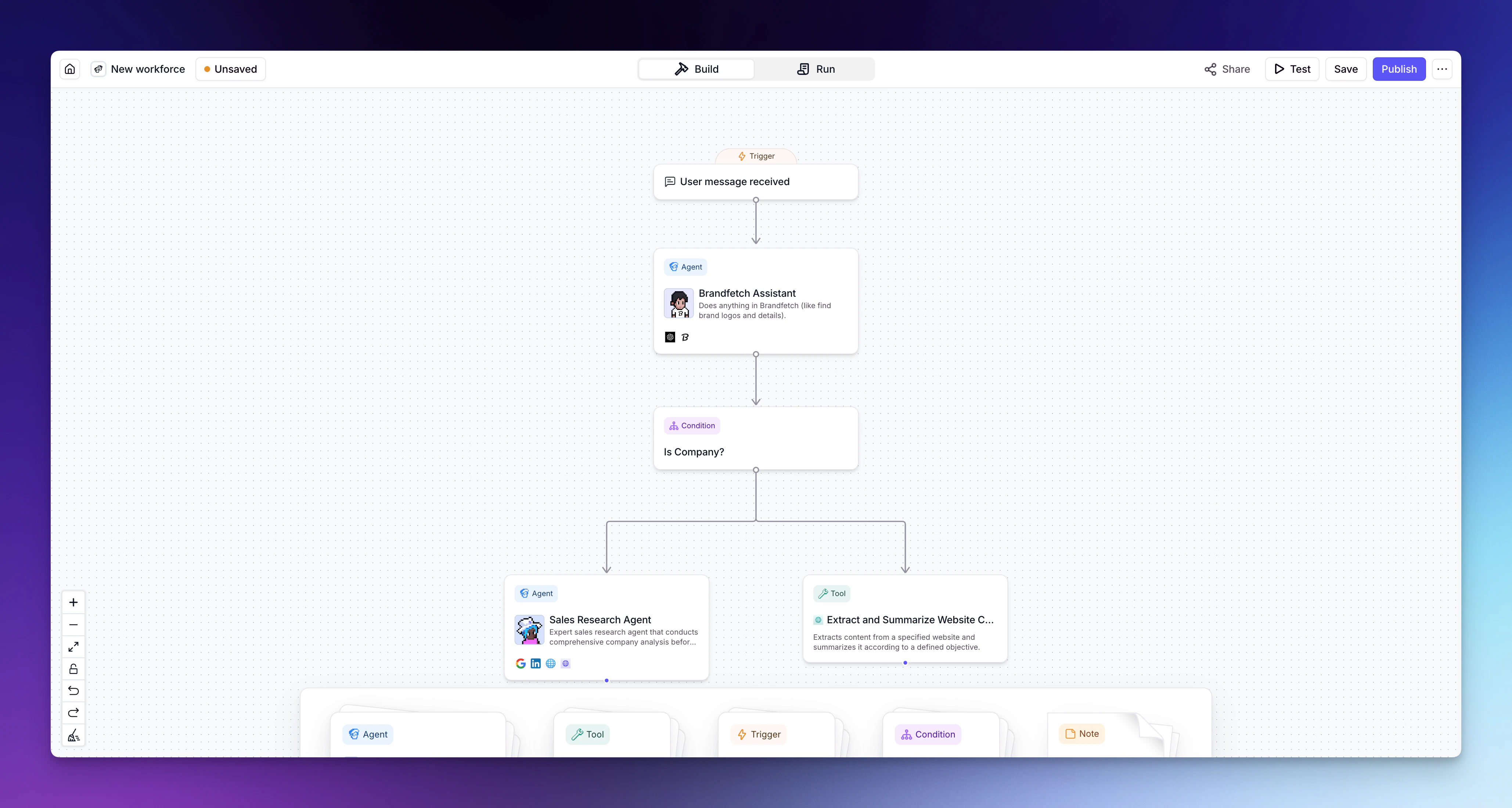 The Workforce canvas — drag Agents in, draw connections, and configure handoffs.