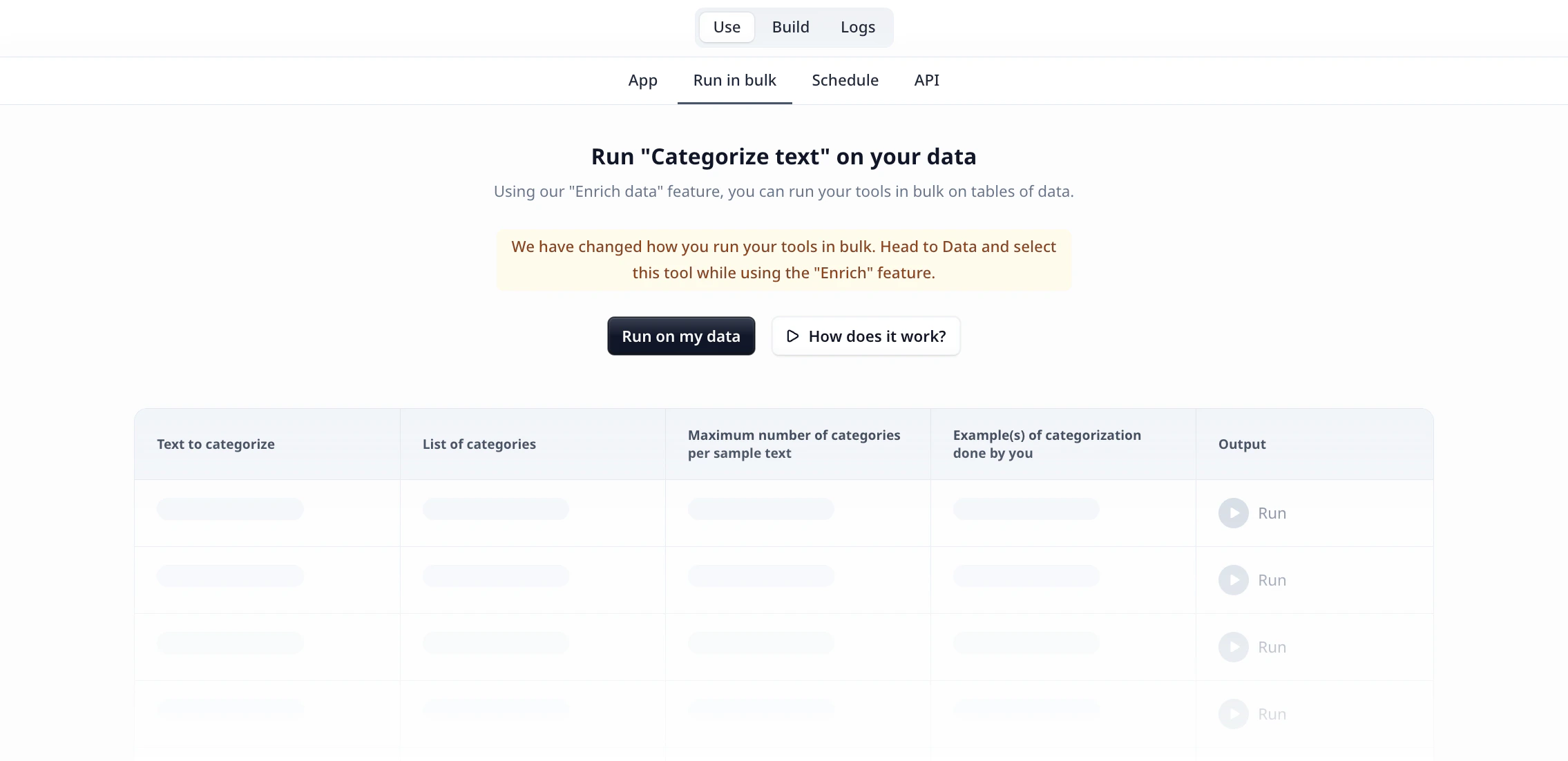 Run in bulk tab on the Tool's Use page