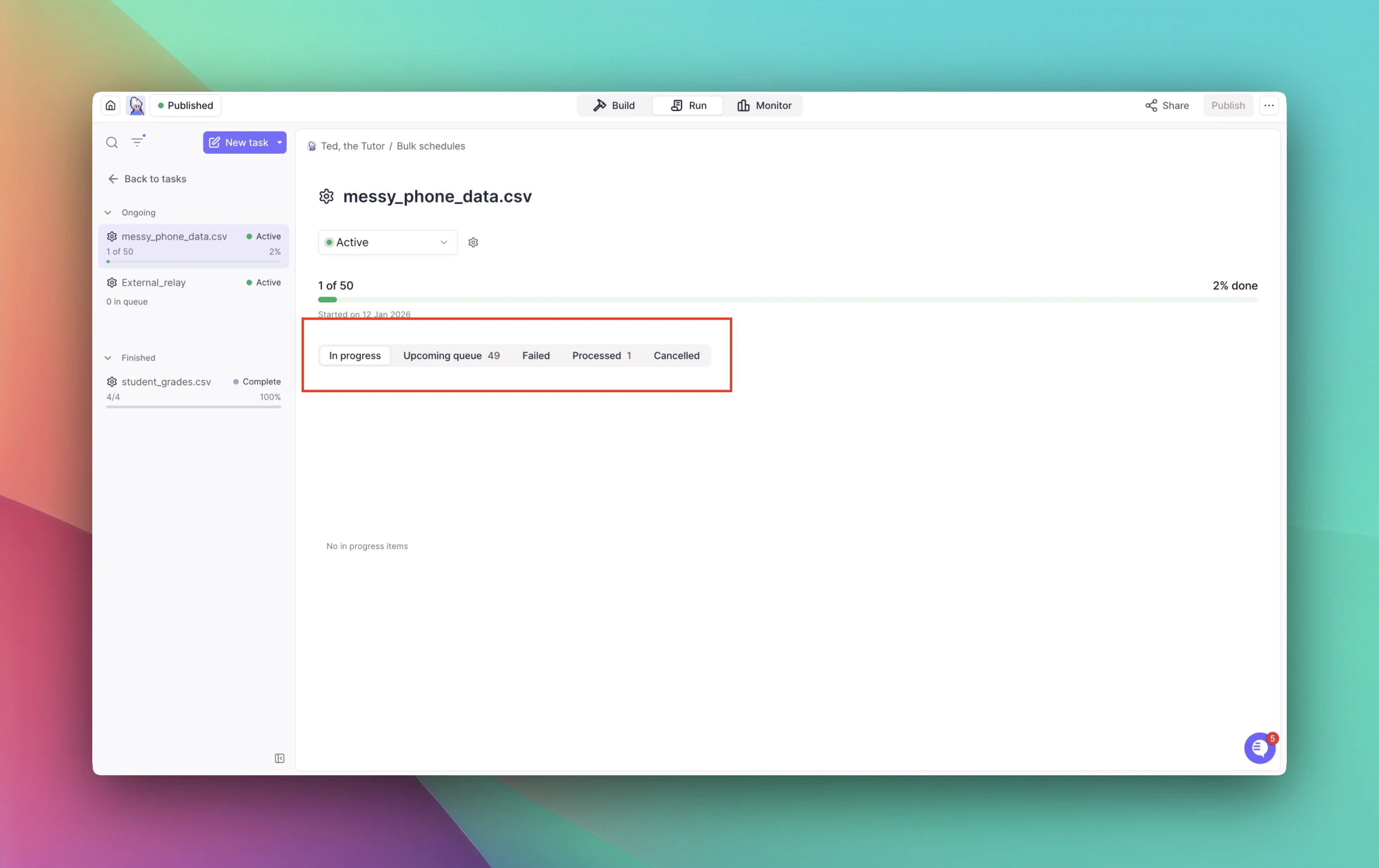 Screenshot showing the agent queue view with task statuses: In Progress, Upcoming Queue, Failed, Processed, Cancelled