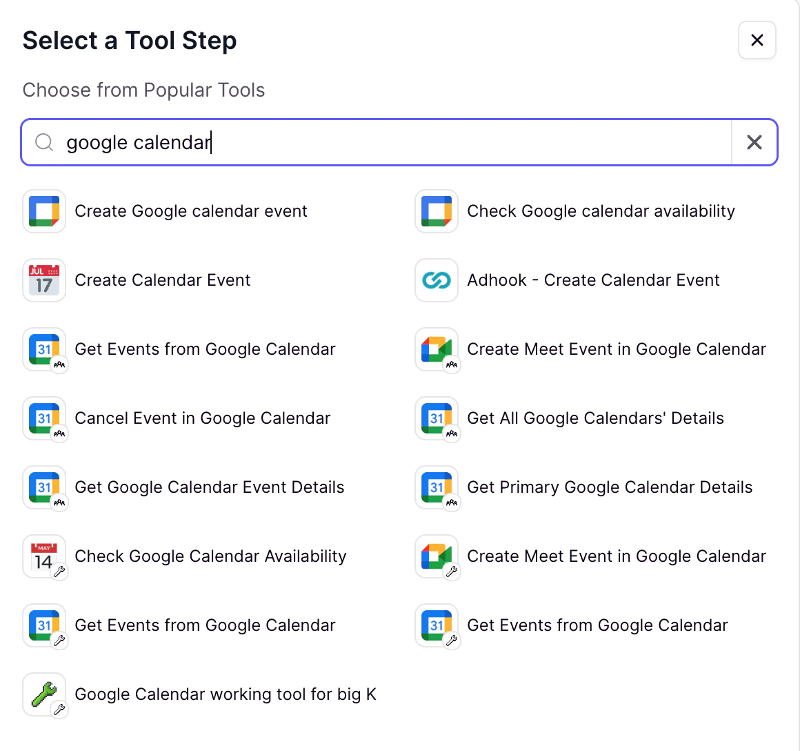 Available calendar tools for scheduling agents