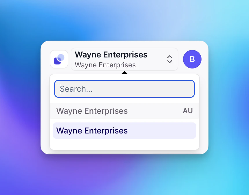Organization switcher showing region abbreviation