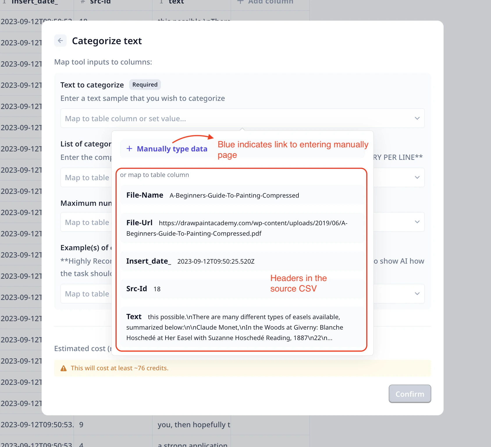 Input mapping — map to a table column or manually type data