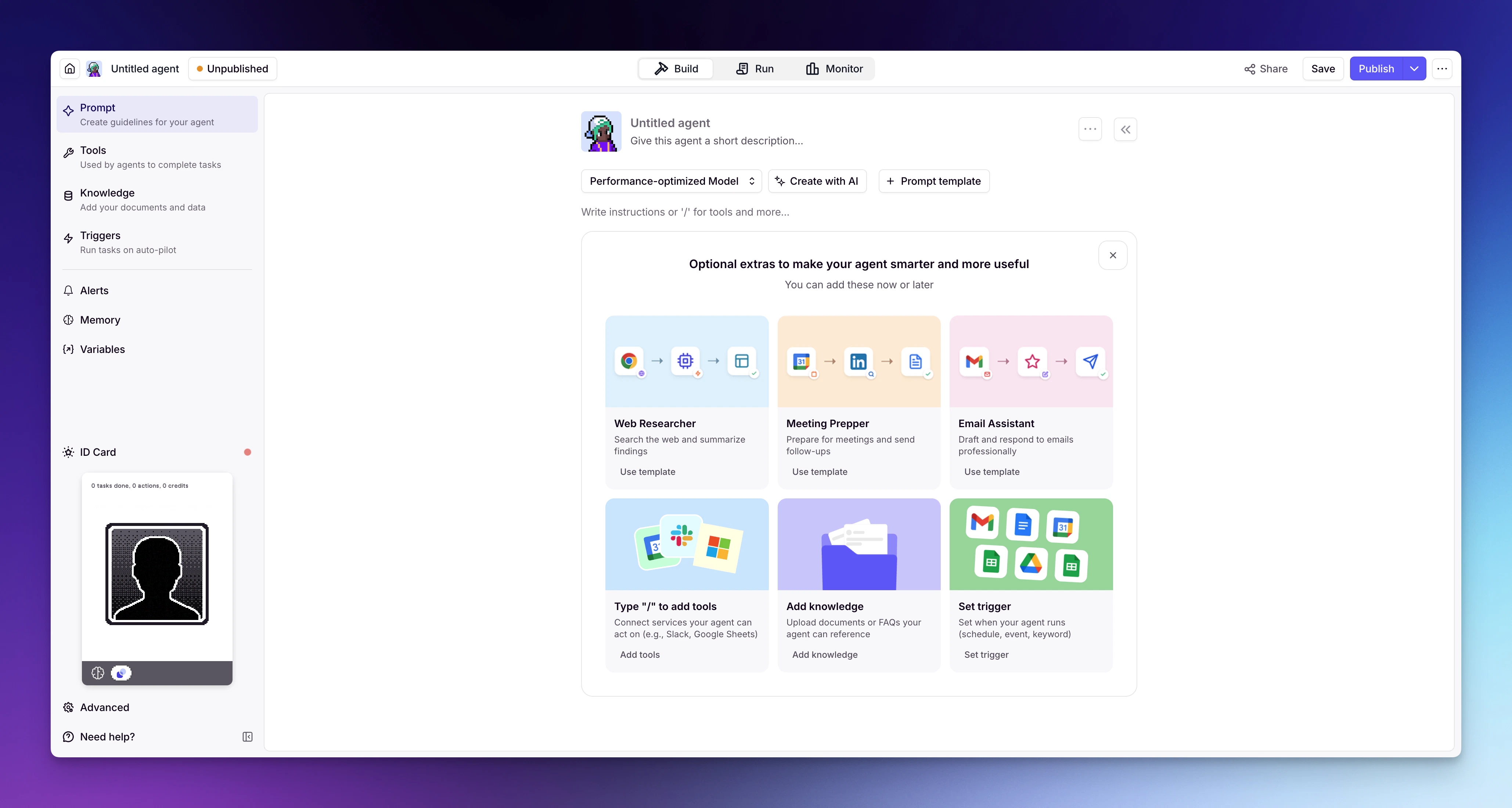 The Agent builder — configure your prompt, Tools, and Knowledge from scratch.