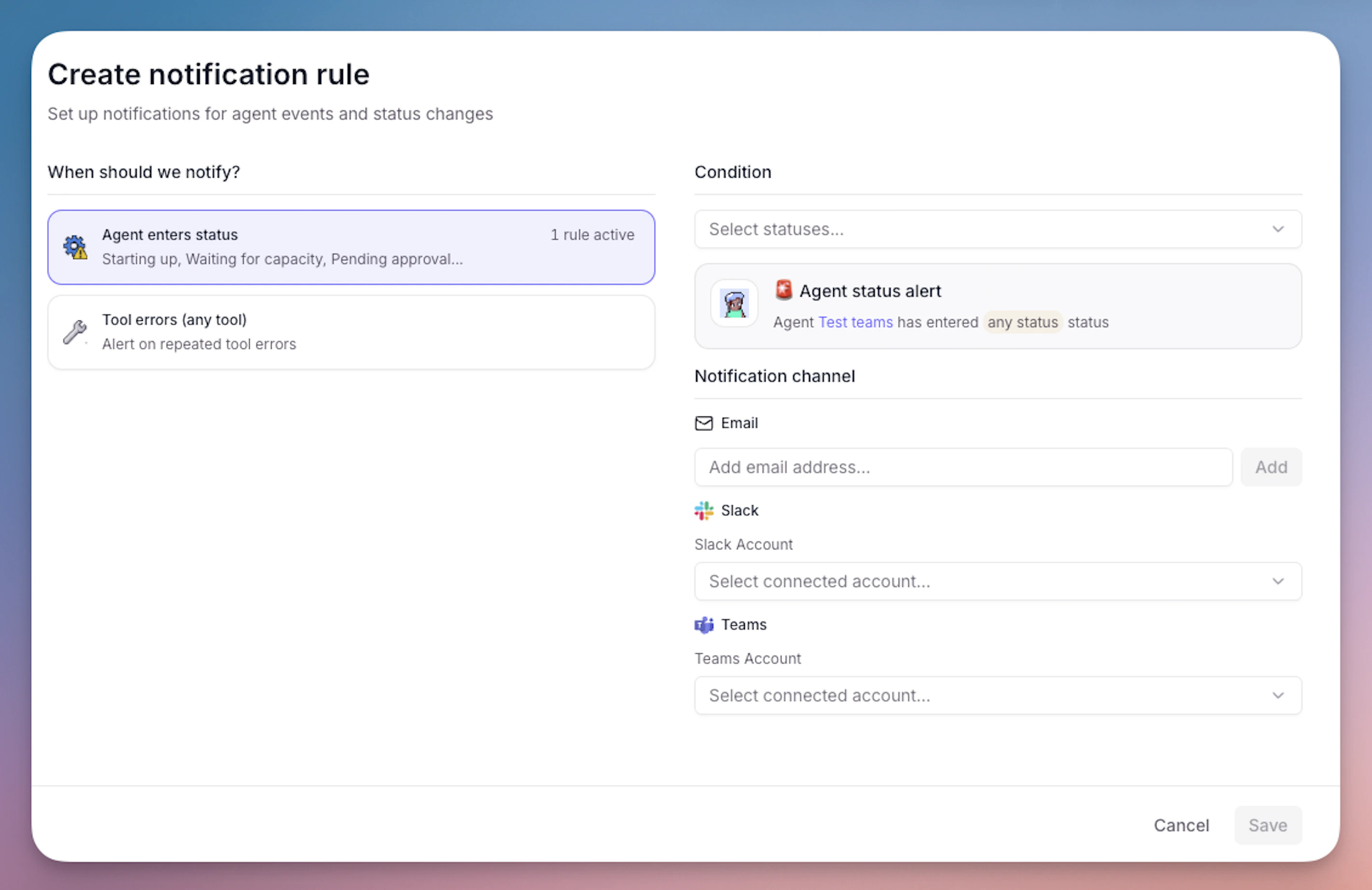Agent notification rule configuration