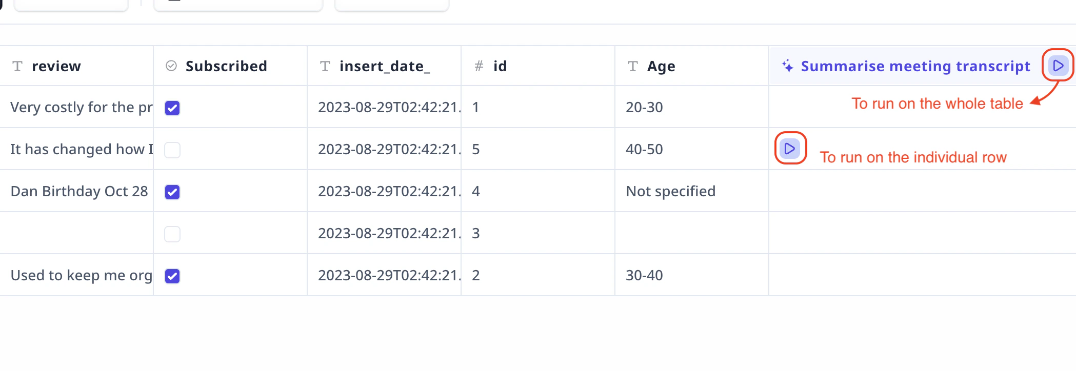 Enrichment column with run buttons