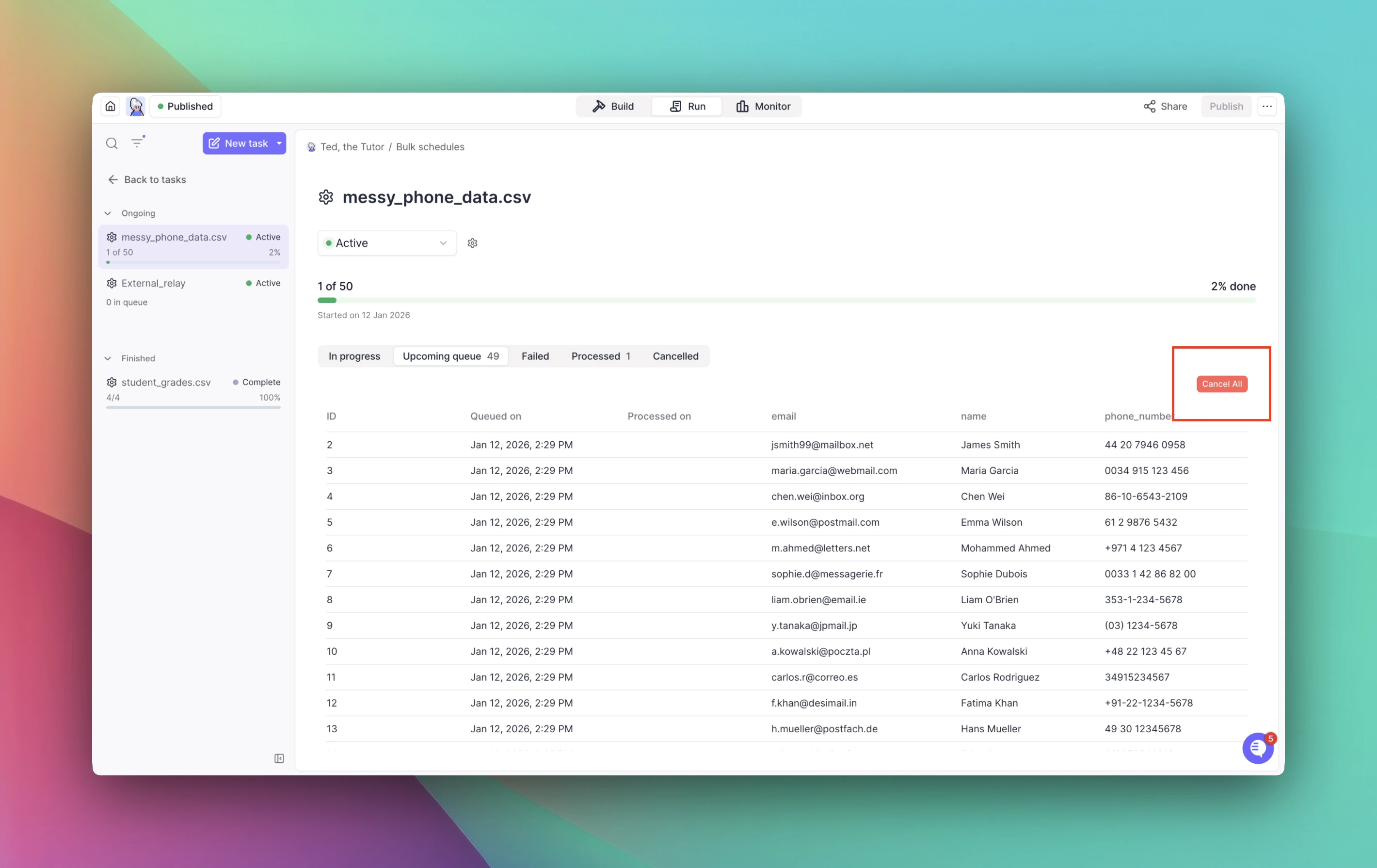 Screenshot showing the Cancel All button in the Upcoming Queue view