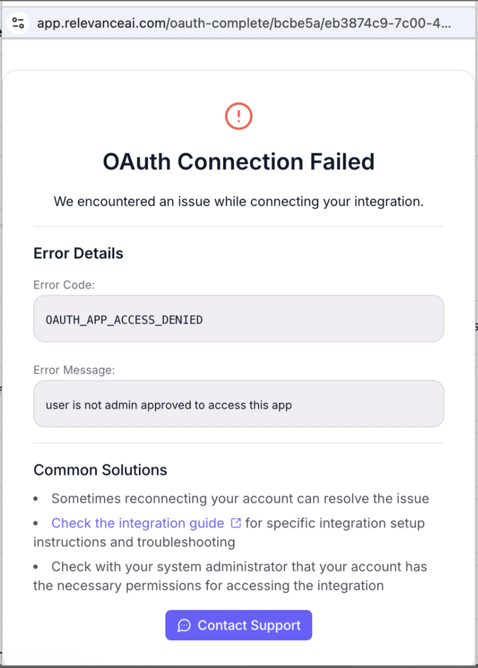 Relevance AI OAuth Connection Failed page showing OAUTH_APP_ACCESS_DENIED error