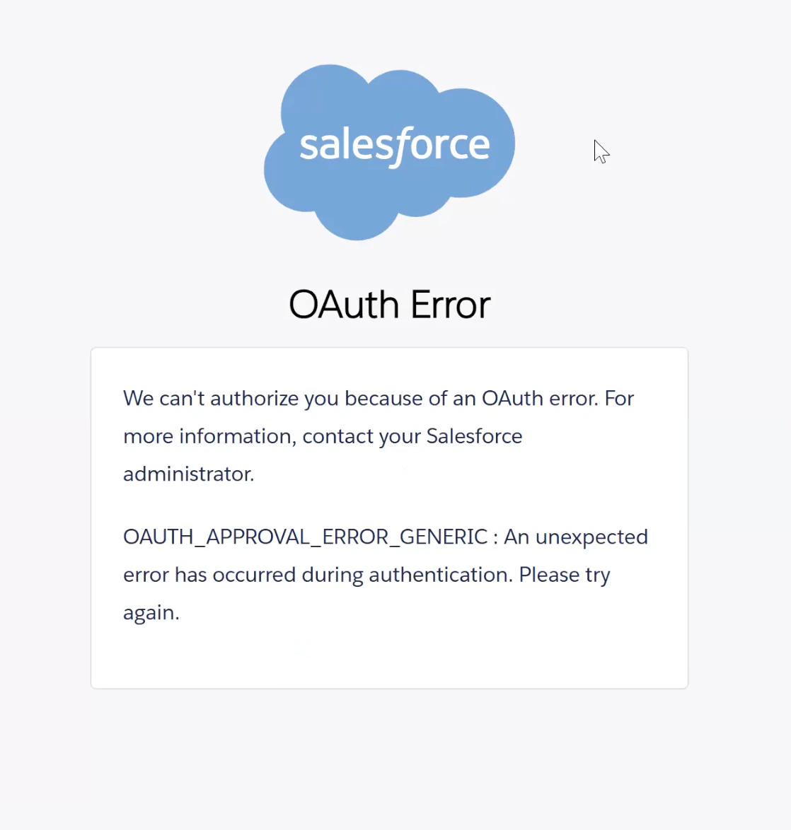 Salesforce OAuth Error page showing OAUTH_APPROVAL_ERROR_GENERIC