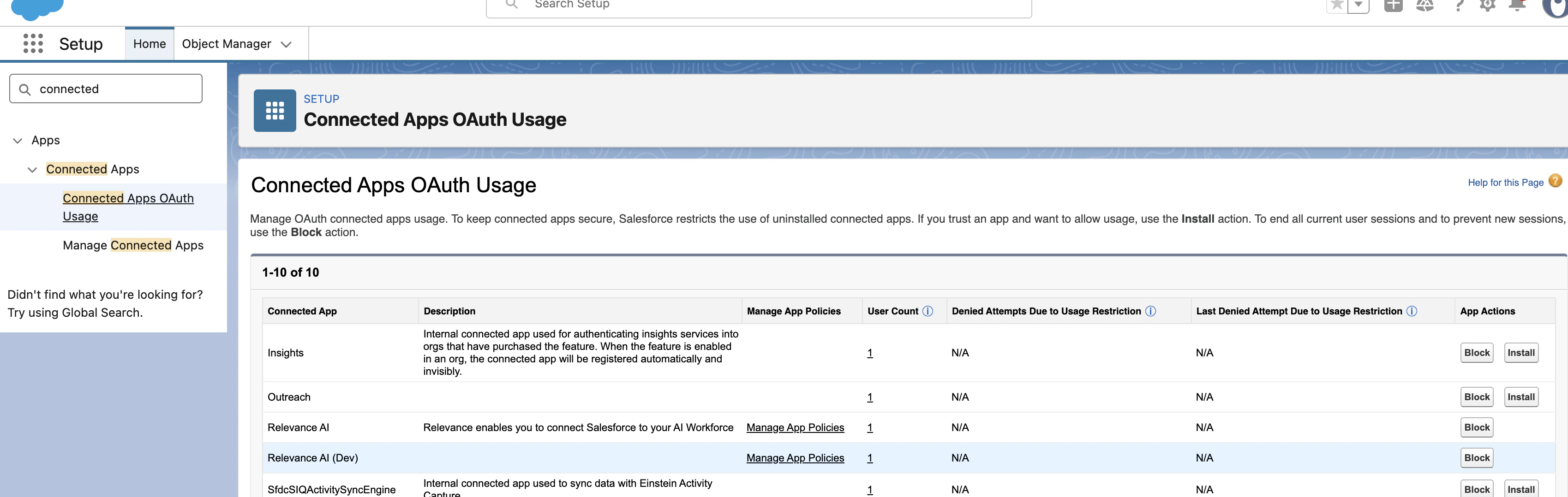 Connected Apps OAuth Usage page in Salesforce Setup