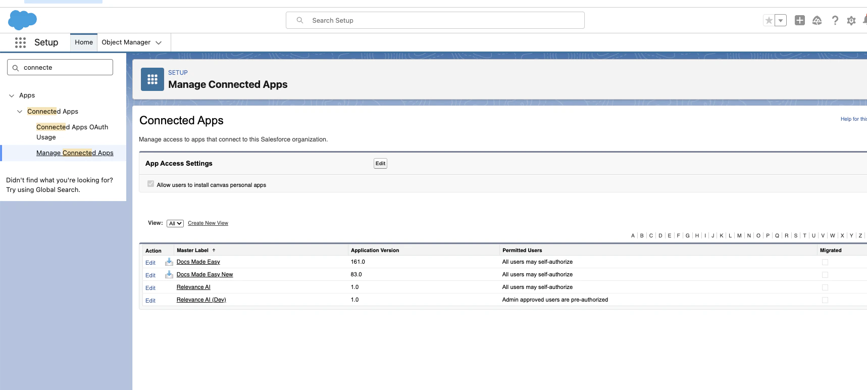 Manage Connected Apps page listing Relevance AI