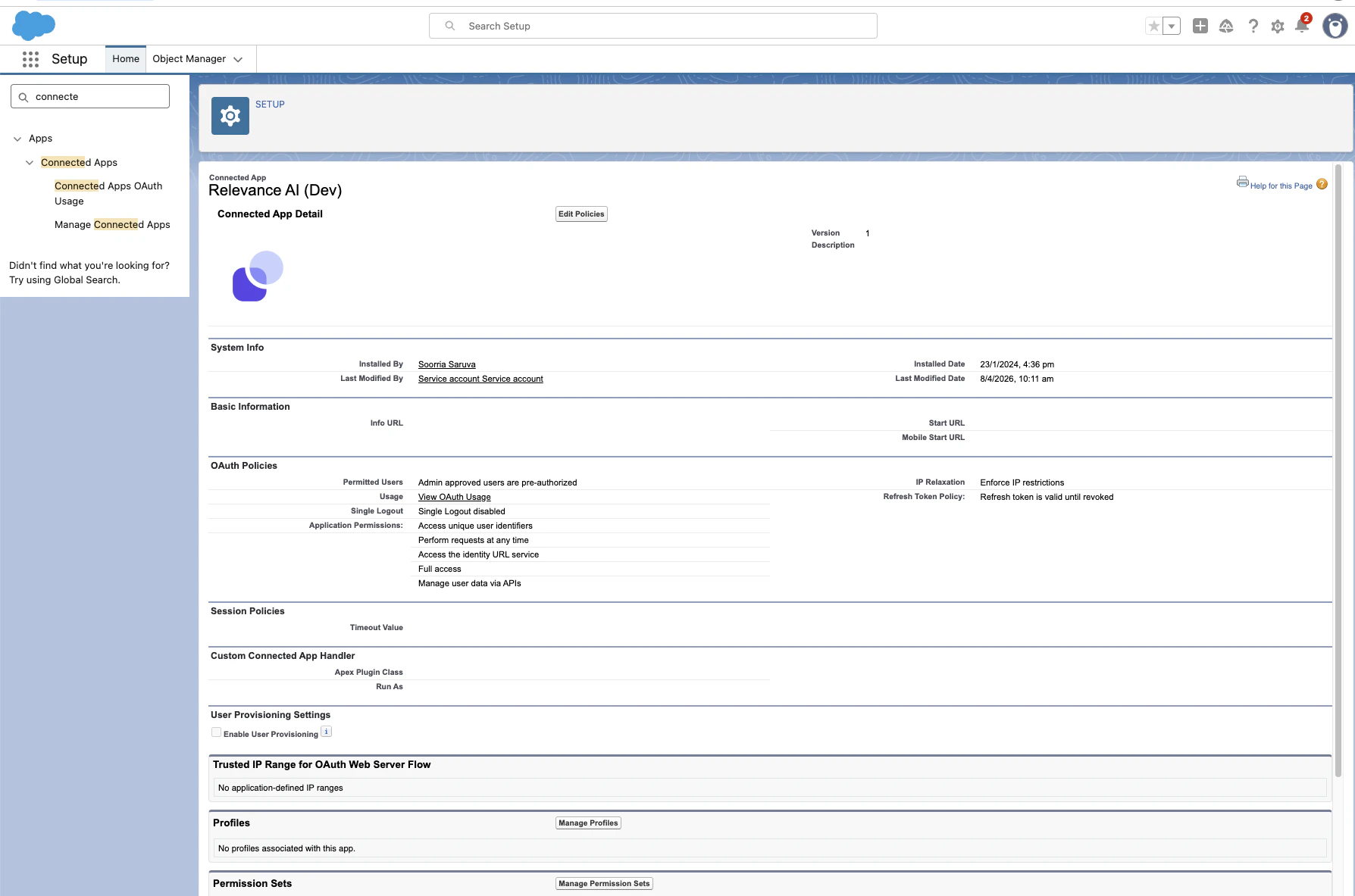 Relevance AI Connected App Detail page