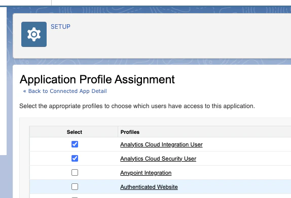 Application Profile Assignment page for selecting authorized profiles