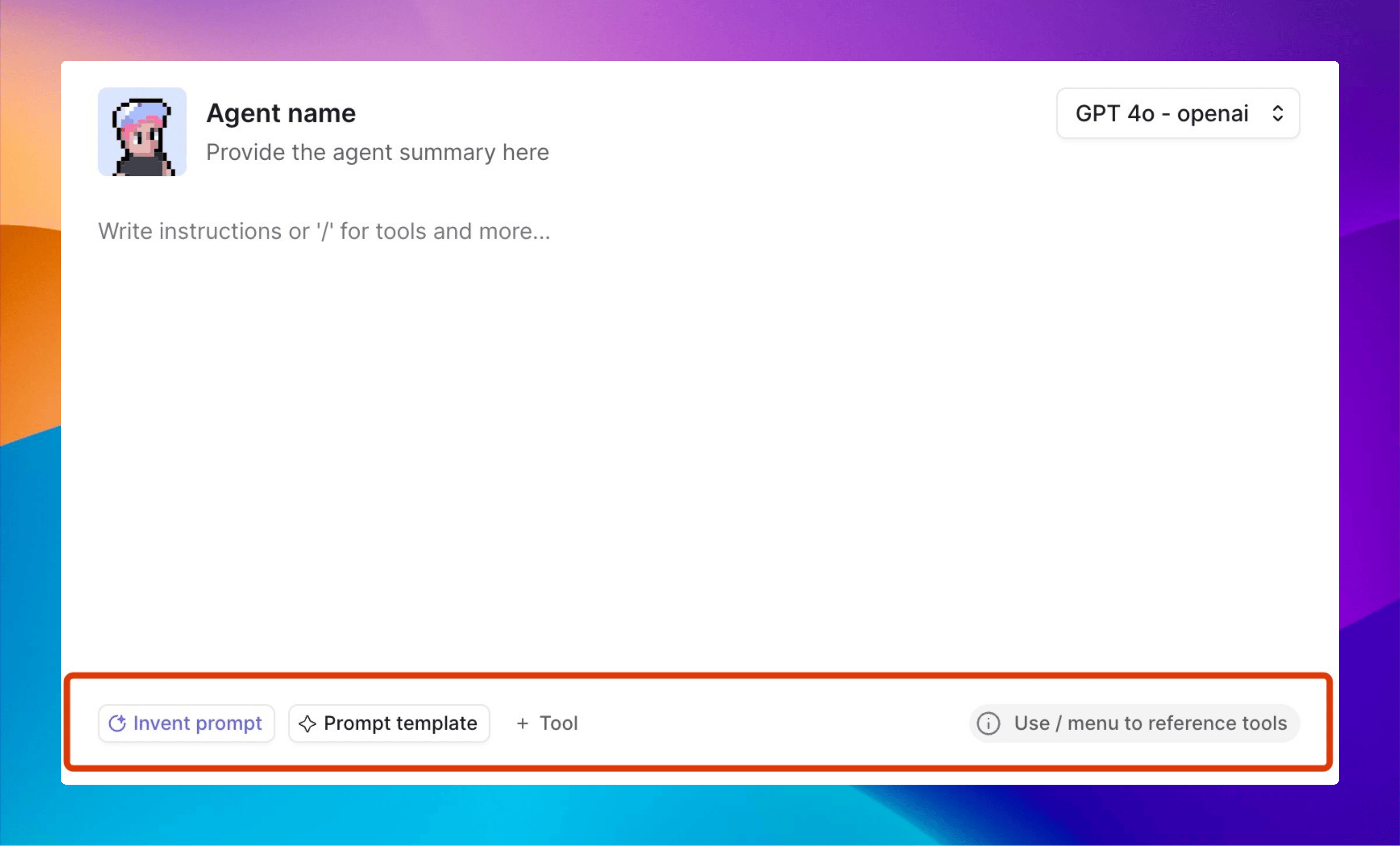 Prompt Instructions area in the Agent Builder