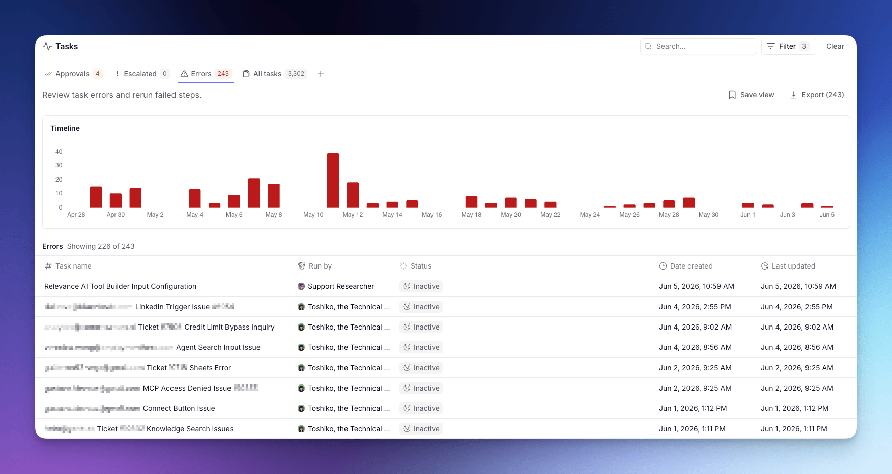 The Tasks page showing the Approvals, Escalated, Errors, and All tasks tabs above a list of Agent Tasks