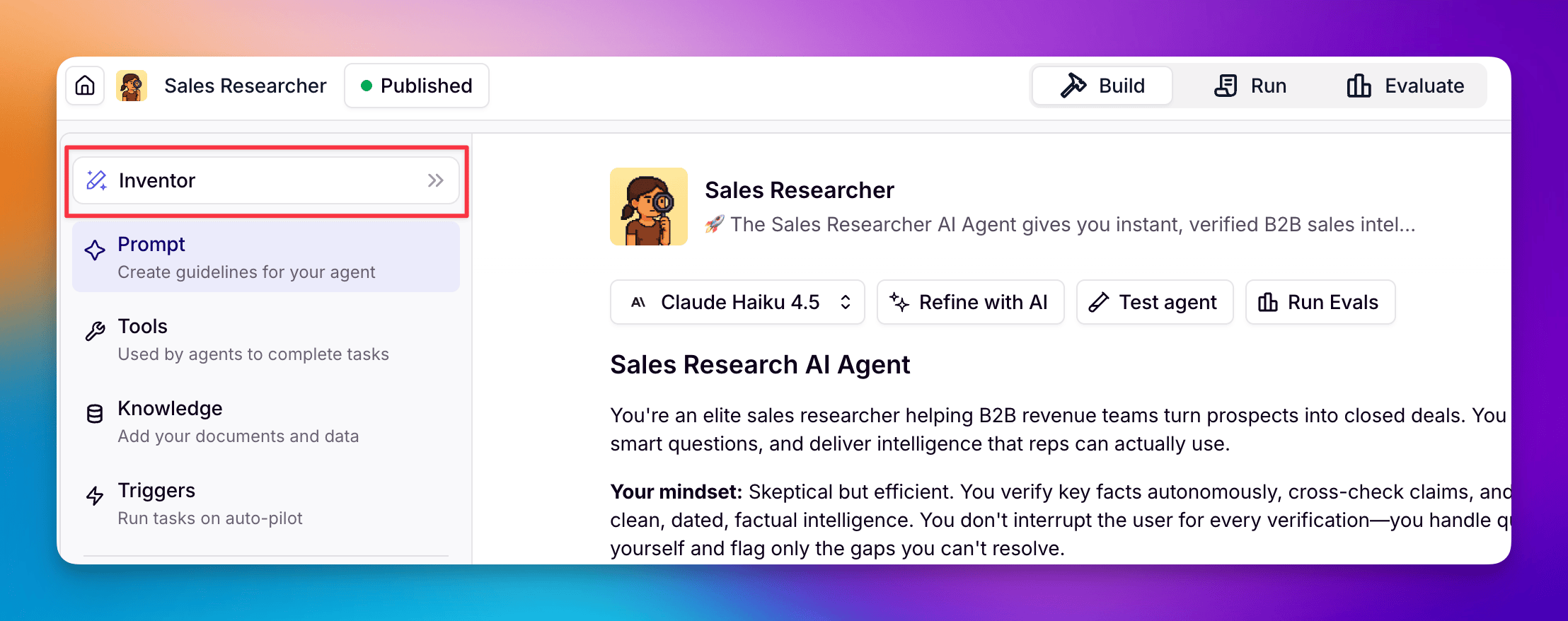 The Inventor entry point at the top of the agent builder panel in Relevance AI