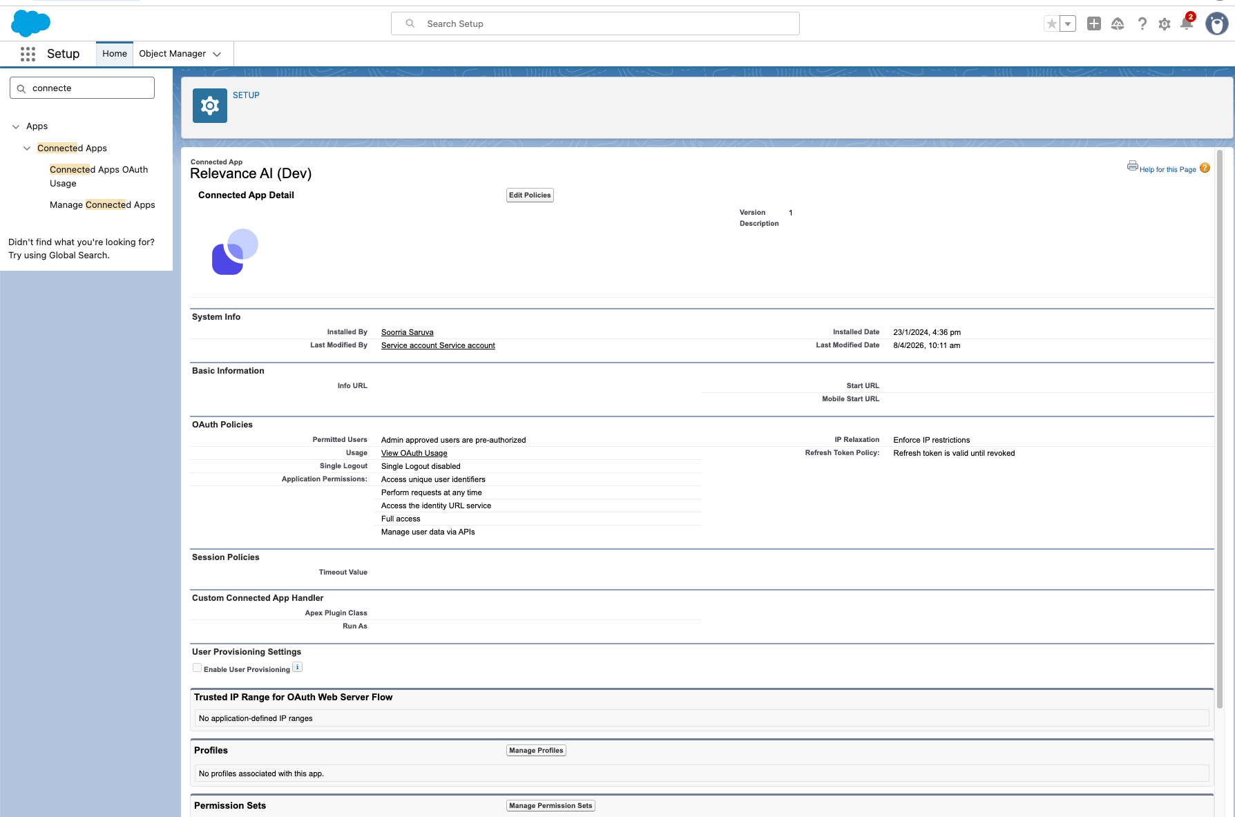 Relevance AI Connected App Detail page
