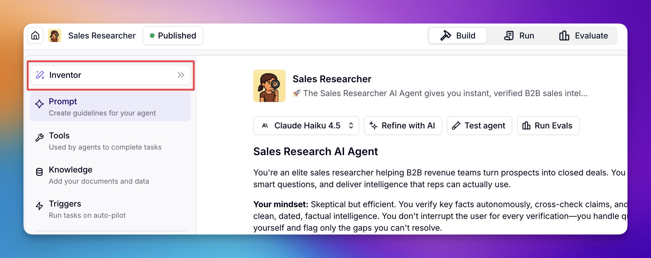 The Inventor entry point at the top of the agent builder panel in Relevance AI