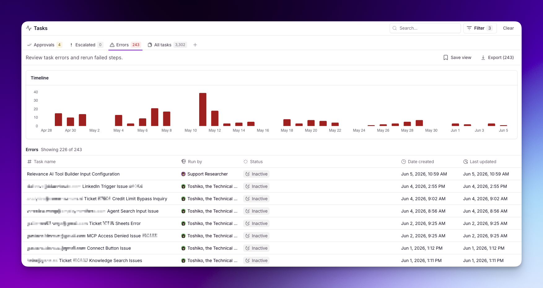 The Tasks page showing the Approvals, Escalated, Errors, and All tasks tabs above a list of Agent Tasks