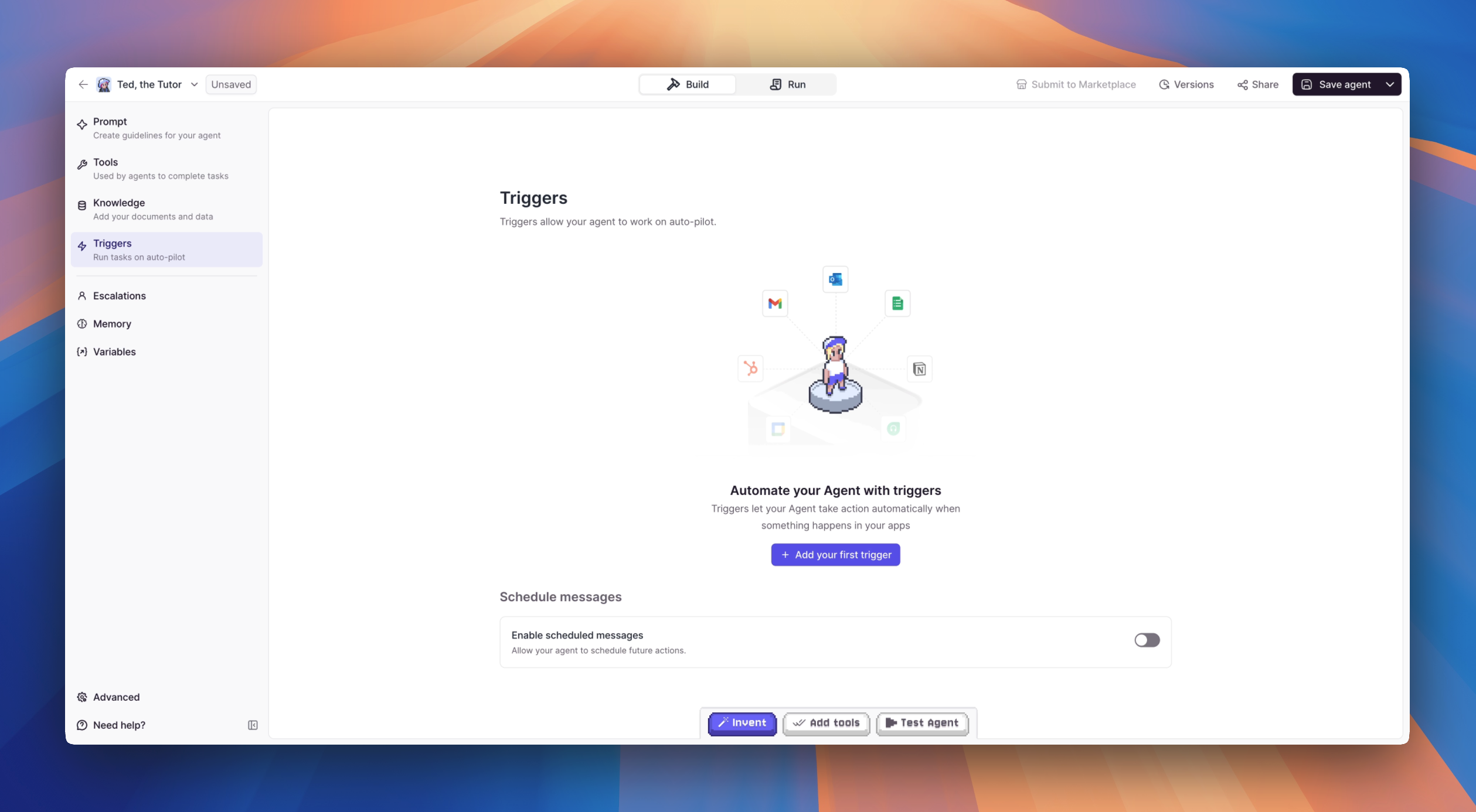 Trigger configuration in the agent builder