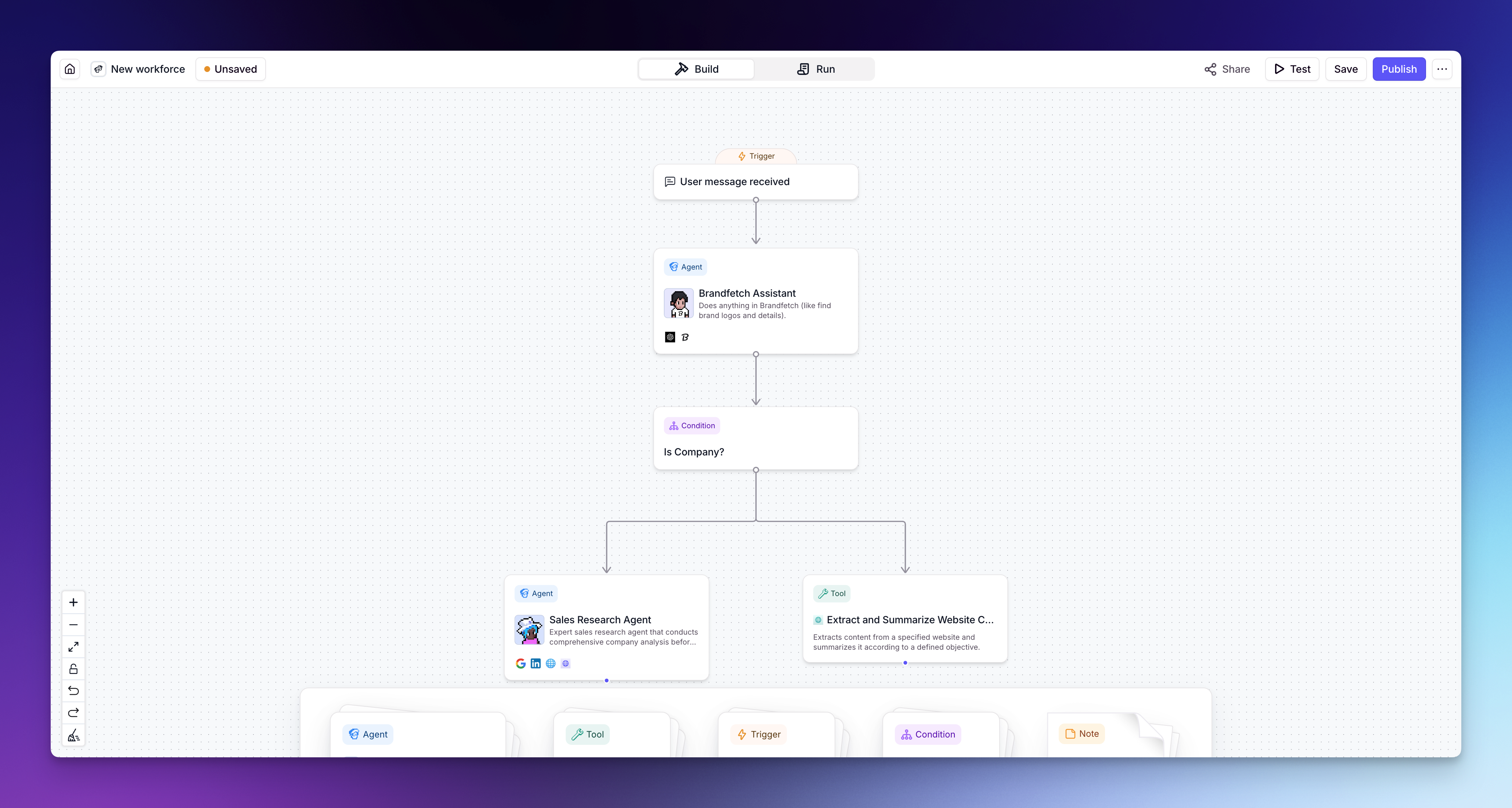 The Workforce canvas — drag Agents in, draw connections, and configure handoffs.