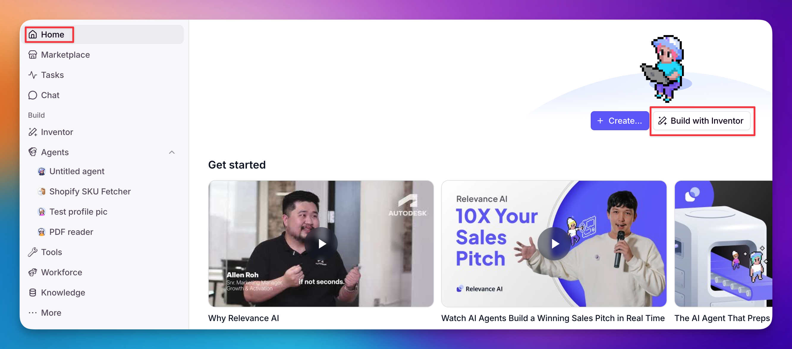 The Inventor home page and sidebar access point in Relevance AI