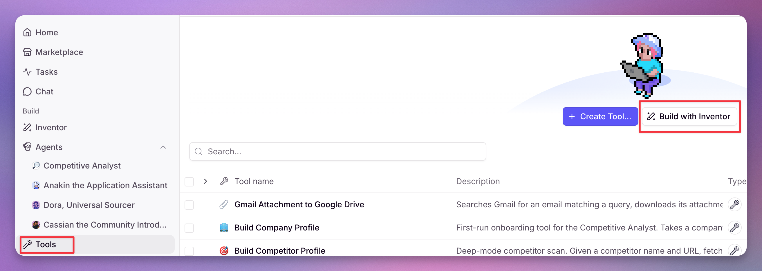 The Invent option when creating a tool in Relevance AI