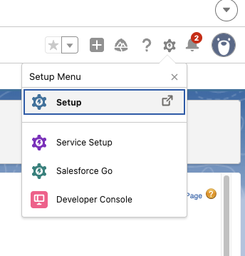 Salesforce Setup menu accessed from the gear icon