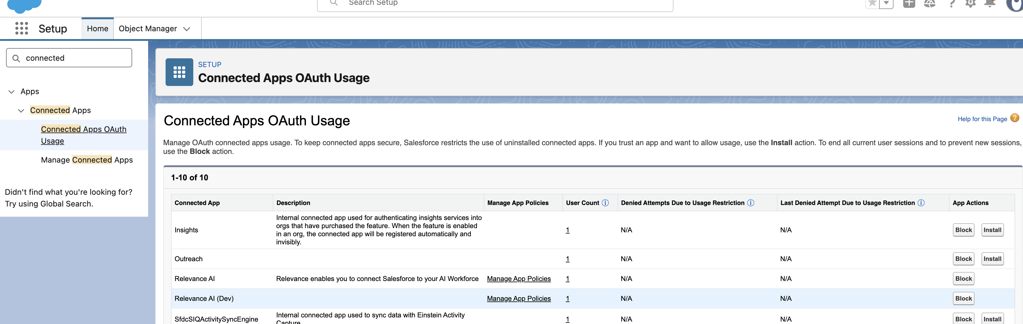 Connected Apps OAuth Usage page in Salesforce Setup